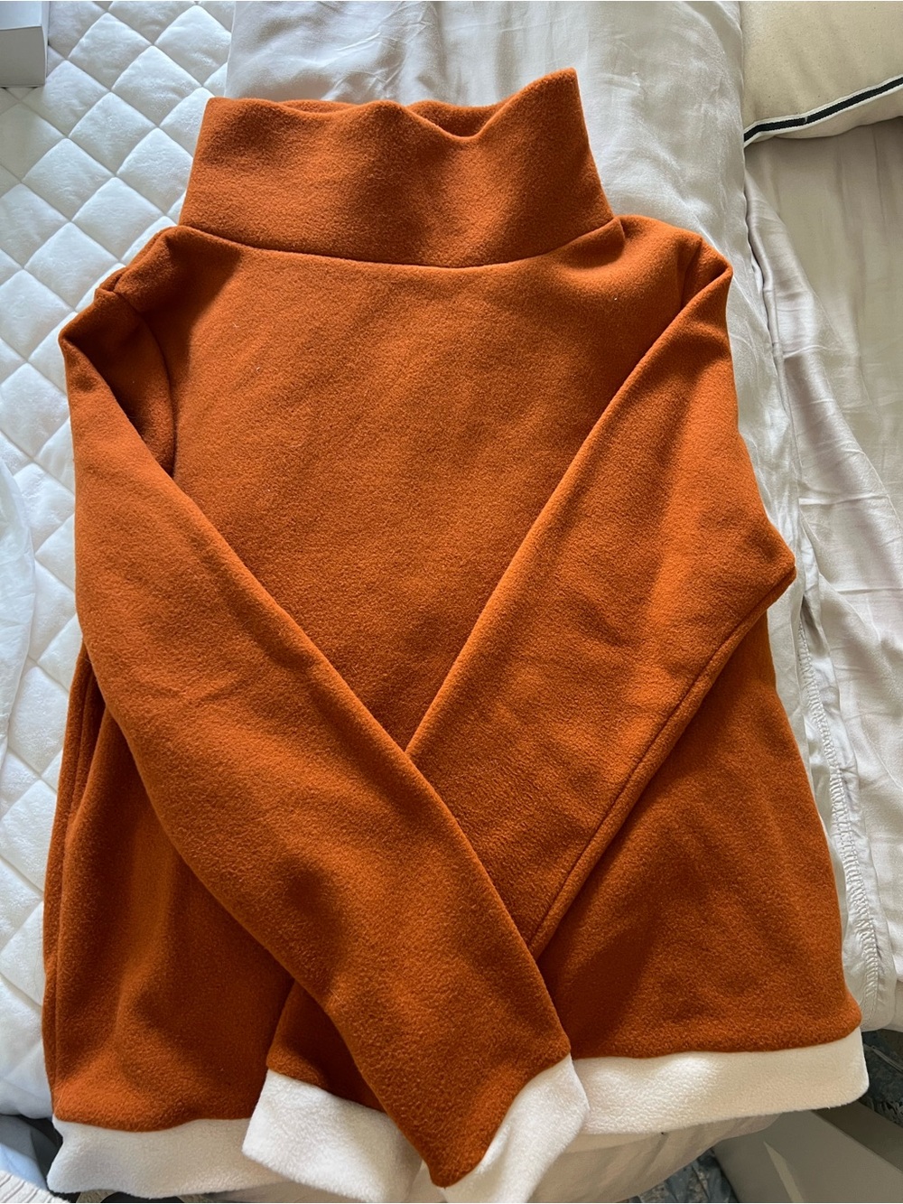 Dudley Stephens Rust Orange Funnel Neck Sweater with Cream Trim